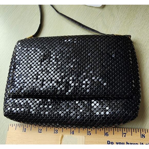 PURSE-HANDBAG-CLUTCH-Black Mesh-Shoulder Strap-Snap Closure-Shiny - Picture 9 of 11